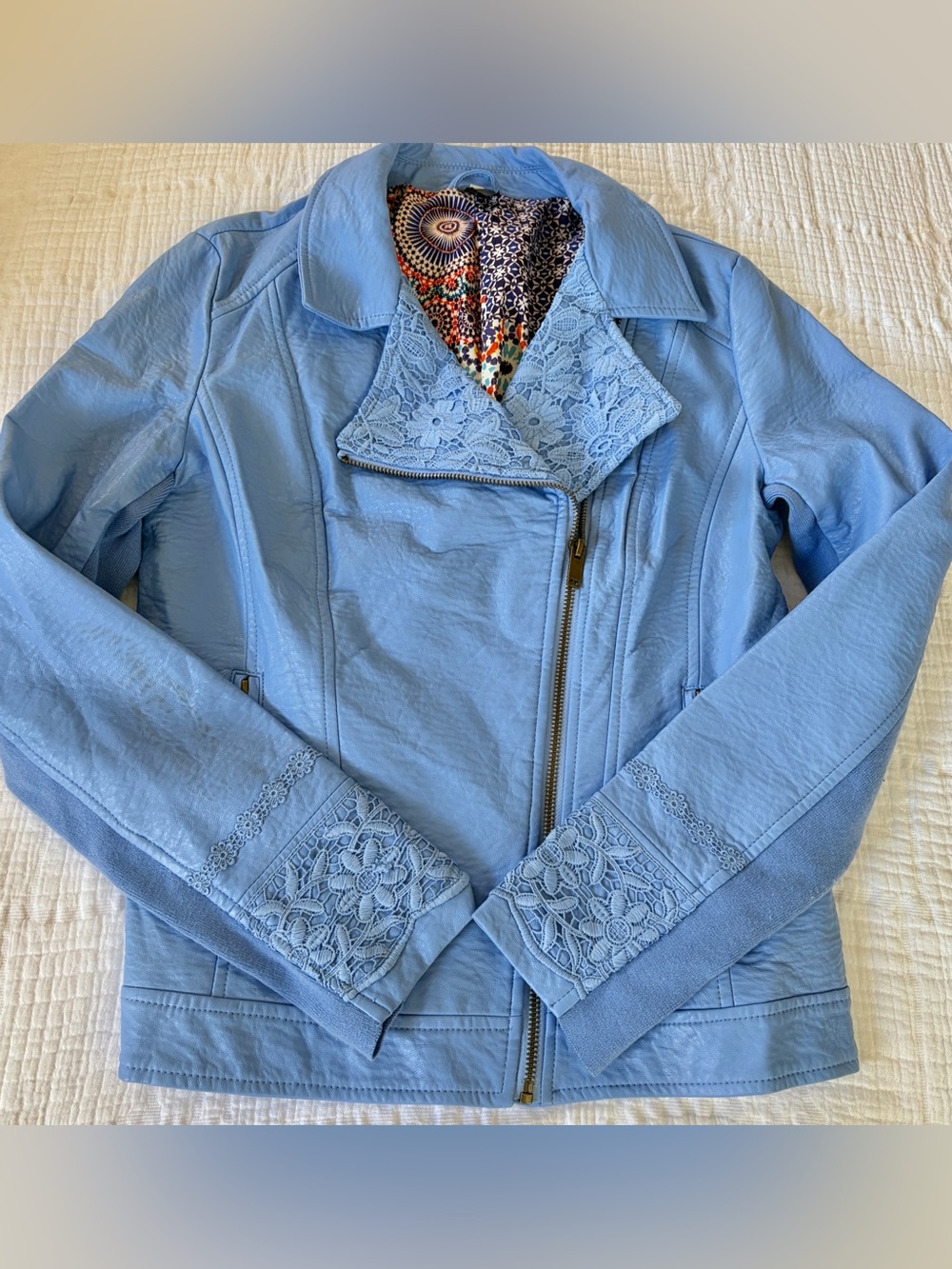 Desigual Periwinkle Blue Lace-Trim Faux Leather Moto Jacket - Women
